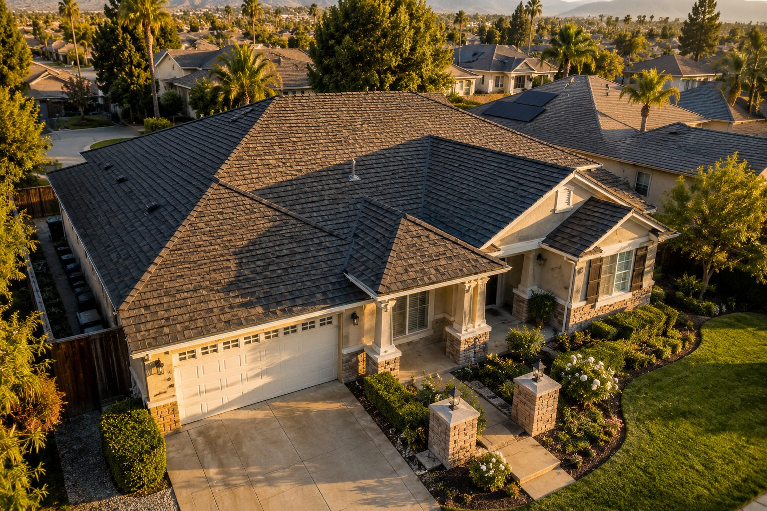 Aerial drone view of a completed single-story Temecula home showing the full dark shingle roof plane, ridgelines, and hip details at golden hour
