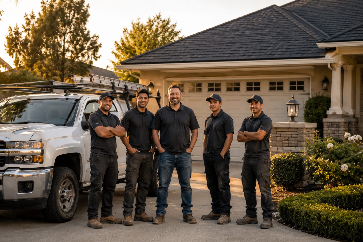 The South Ridge Roofing crew of five in black polos standing together at golden hour in a Temecula driveway beside their ladder-racked work truck