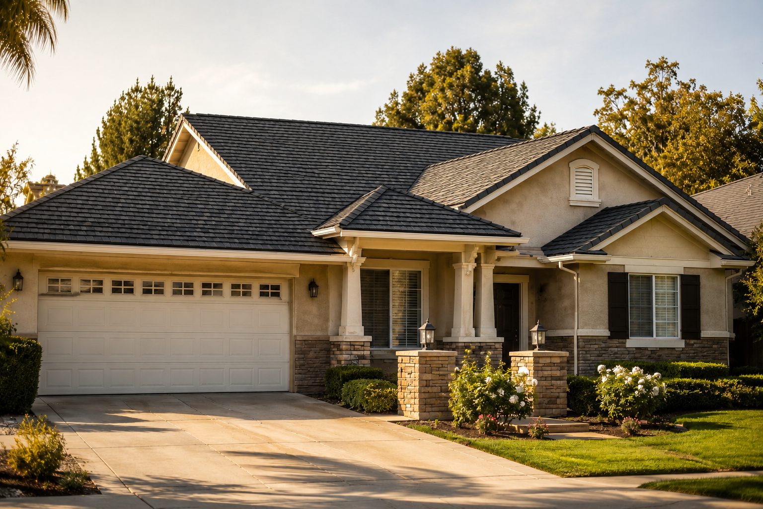 Wide exterior of a single-story Murrieta home with a freshly installed dark slate roof, two-car garage, and stone-column porch under a clear sky
