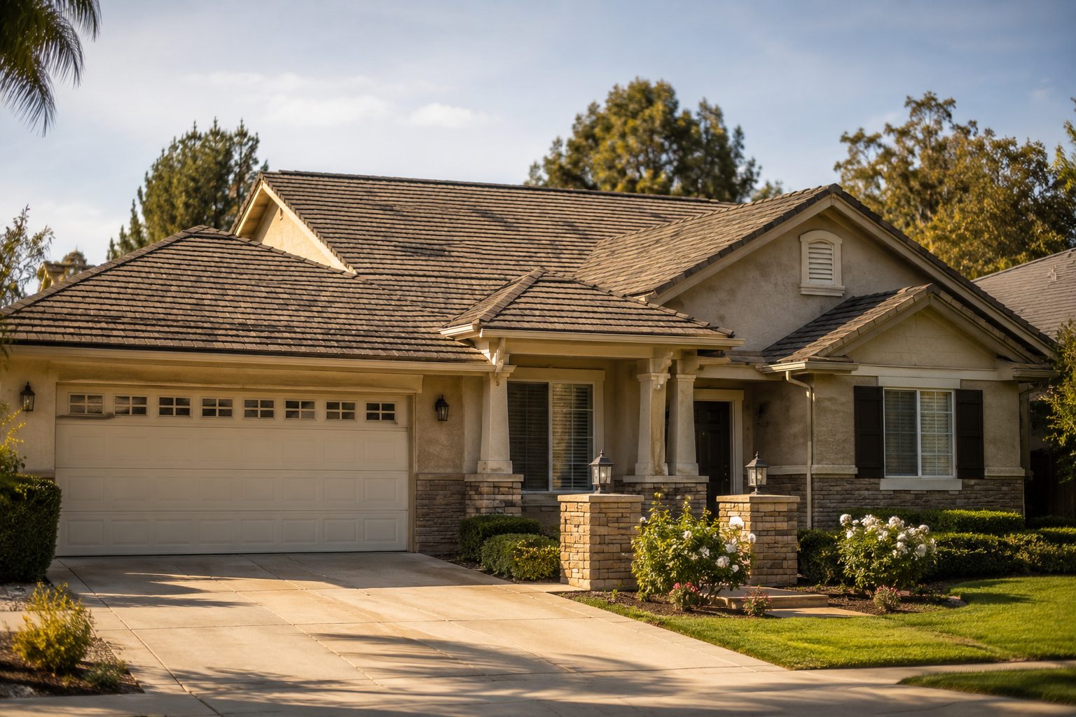 Wide golden-hour view of a completed tile roof on a Temecula home exterior with stone-column porch and manicured landscaping