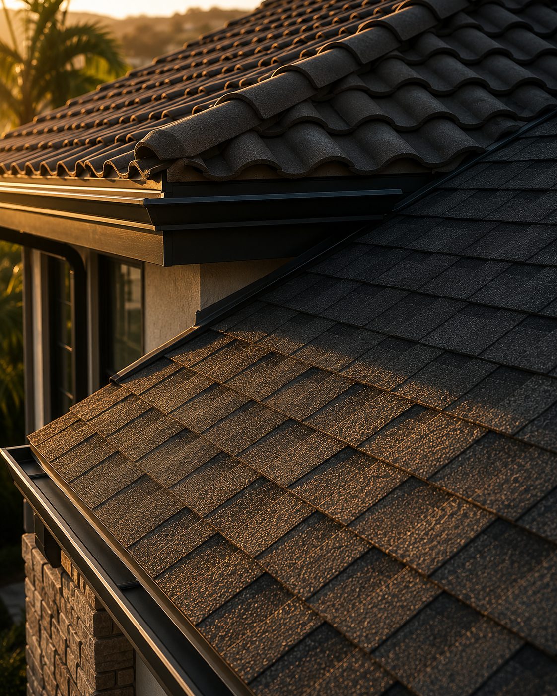 Close-up of a finished roof edge where concrete tile meets architectural shingle, showing clean flashing and tight detailing